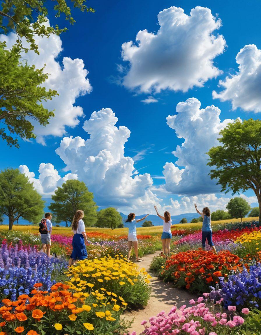 A serene landscape with people engaging in joyful activities, symbolizing connection and happiness. Include vibrant flowers blooming around them, with a bright blue sky and soft clouds above. Showcase diverse individuals sharing smiles, laughter, and encouragement, each radiating positivity. The scene should evoke a sense of euphoria and community. super-realistic. vibrant colors. soft focus.