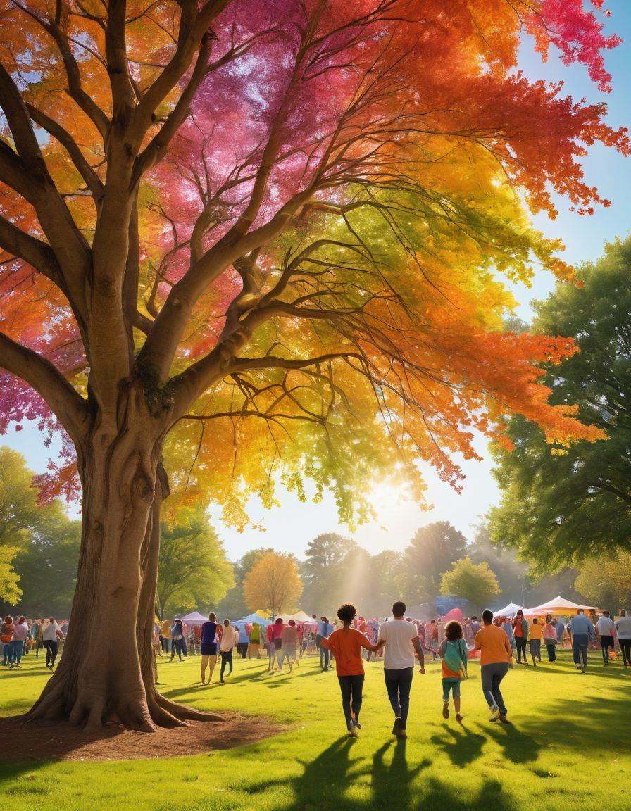 A diverse group of people gathered in a bright, sunny park, joyfully engaging in various community activities such as dancing, sharing food, and laughing together. Colorful banners displaying messages of happiness and unity hang from trees, while children play joyfully in the background. A serene atmosphere with a rainbow in the sky, representing euphoria and connection. super-realistic. vibrant colors. cheerful atmosphere.