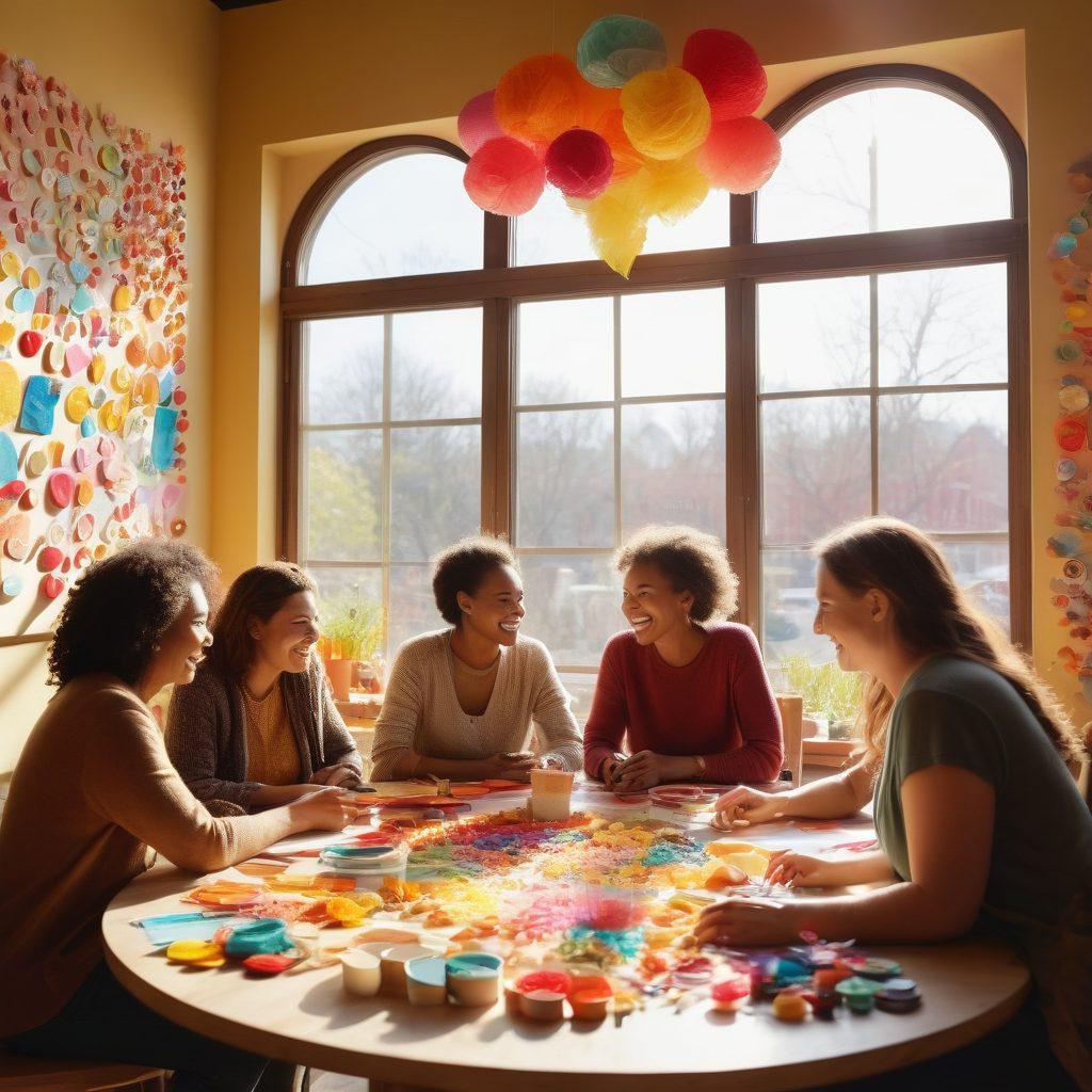 A diverse group of people of various ages and backgrounds joyfully collaborating at a round table filled with colorful craft materials, smiling and exchanging ideas. Warm sunlight streaming through a large window adds to the inviting atmosphere. In the background, a wall displays inspiring quotes about collaboration and happiness. The overall feeling is one of unity and positivity. vibrant colors. super-realistic.